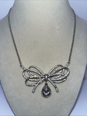 Brighton Silver Bow Necklace with Clear Teardrop Crystal Brighton